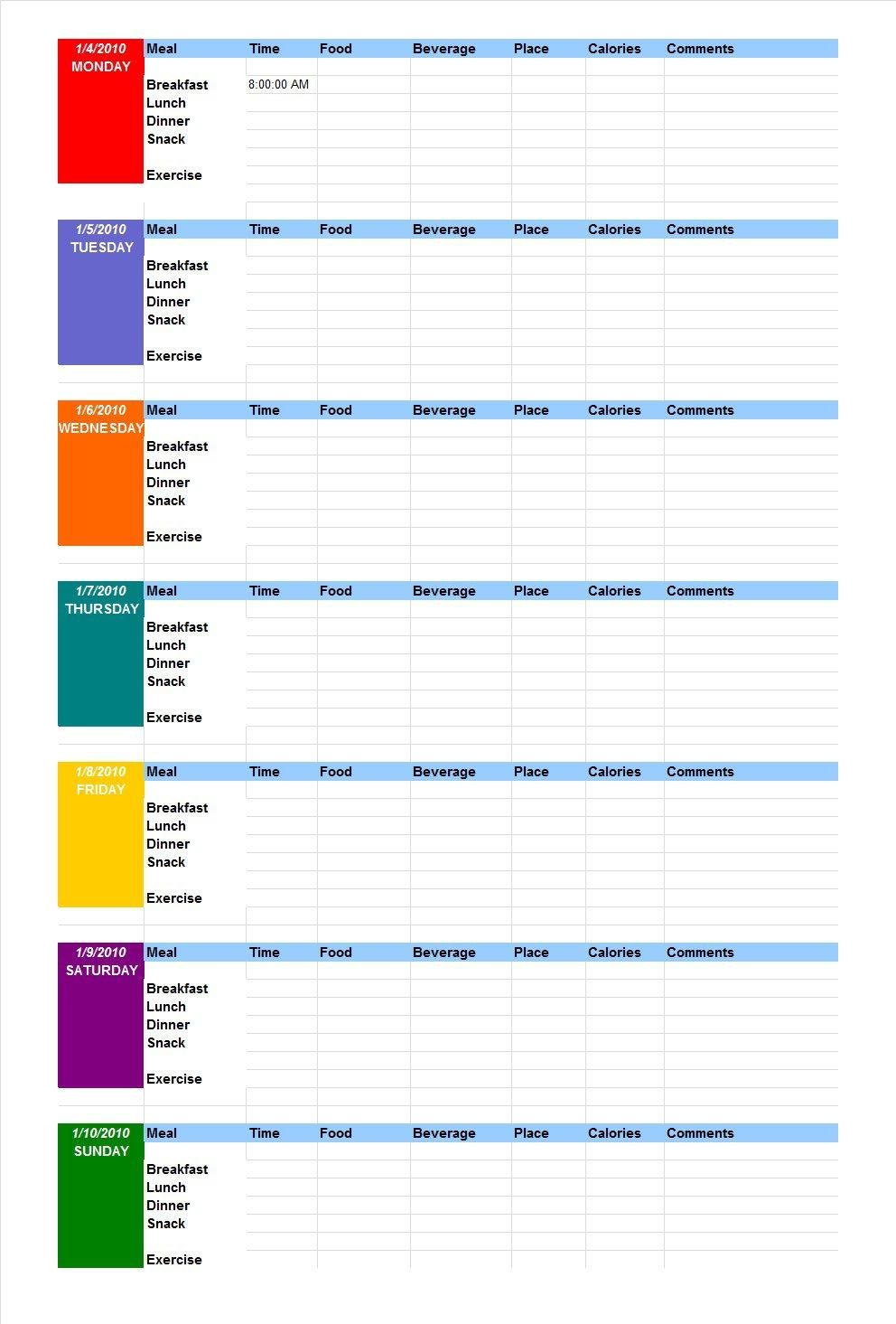excel calorie tracker template