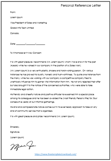 Free Personal / Character Reference Letter Template 05