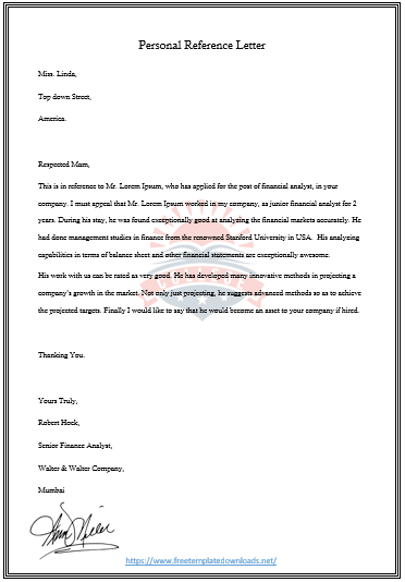 Free Personal / Character Reference Letter Template 07