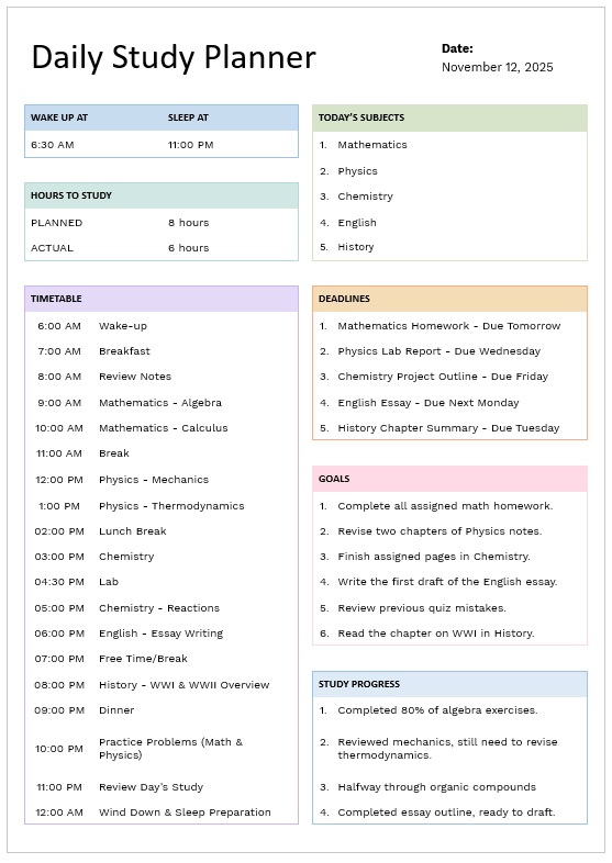 Daily Study Schedule Template