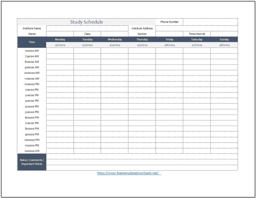 Study Schedule Template for Students