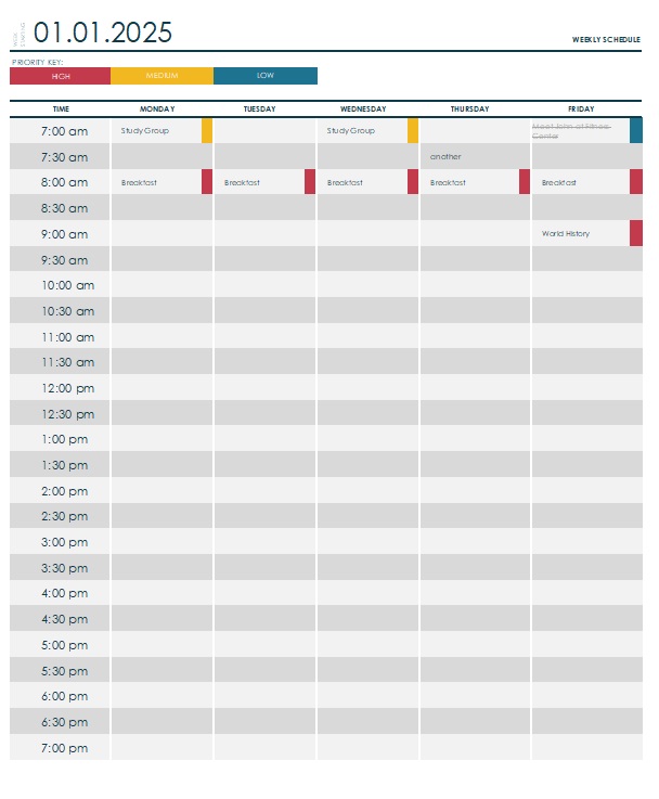 Weekly College Study Schedule